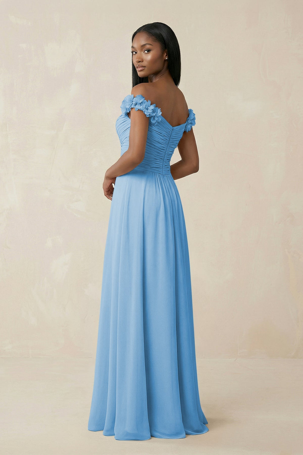 Pleated Off - the - Shoulder A - Line Chiffon Bridesmaid Dress in Steel Blue - SHE IS ME Bridesmaid Dresses