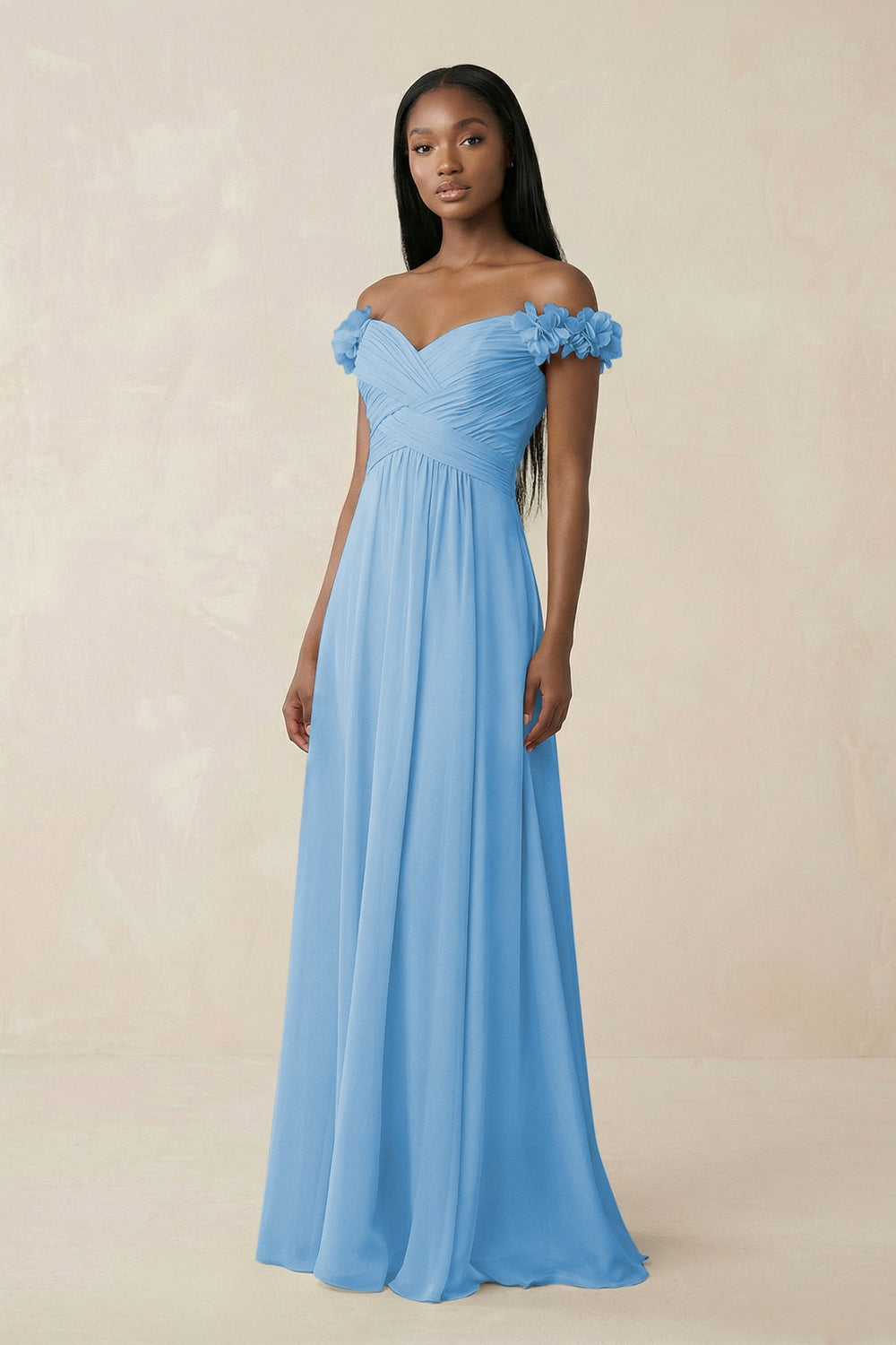 Pleated Off - the - Shoulder A - Line Chiffon Bridesmaid Dress in Steel Blue - SHE IS ME Bridesmaid Dresses