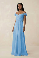 Pleated Off - the - Shoulder A - Line Chiffon Bridesmaid Dress in Steel Blue - SHE IS ME Bridesmaid Dresses