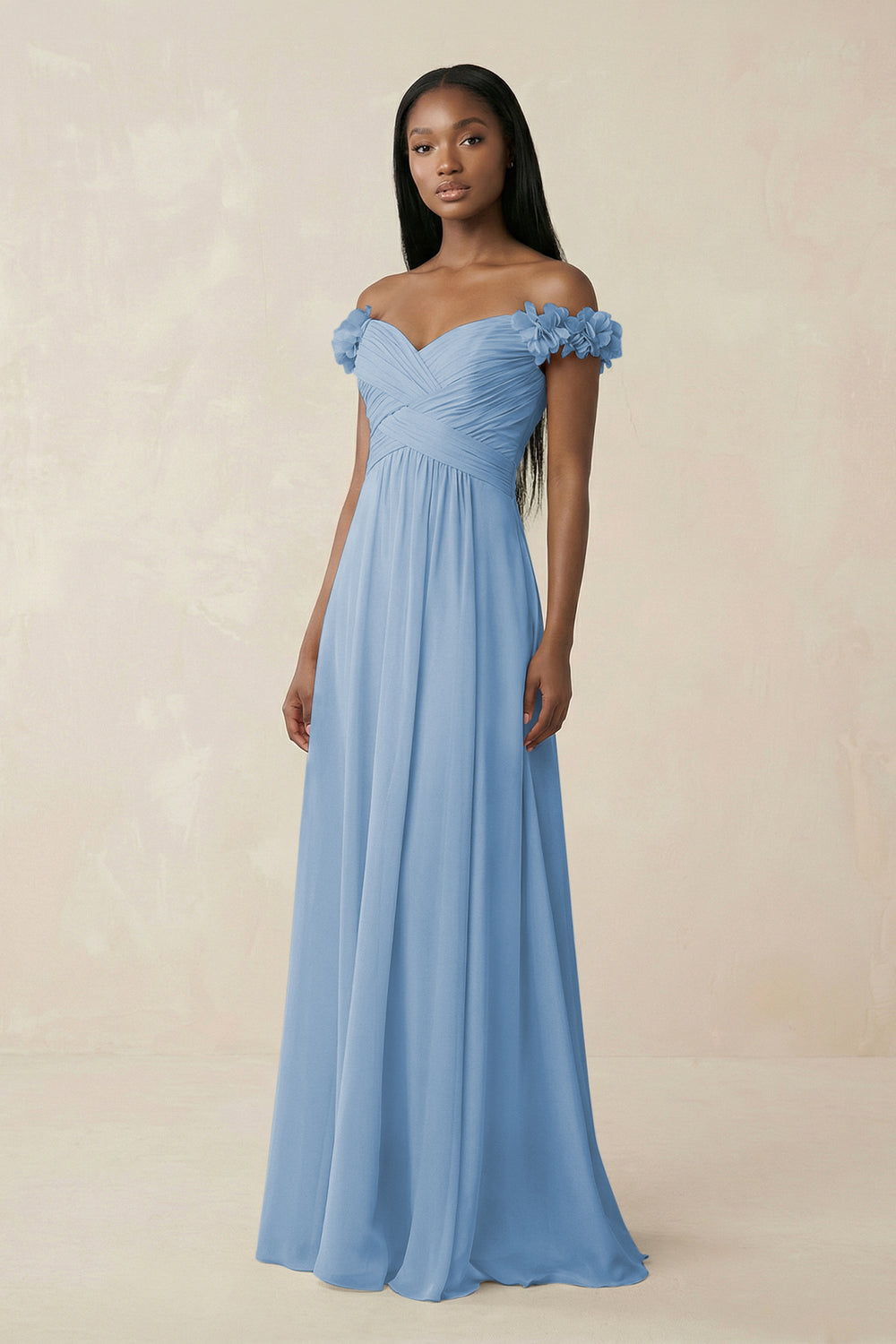 Pleated Off-the-Shoulder A-Line Chiffon Bridesmaid Dress in Steel Blue