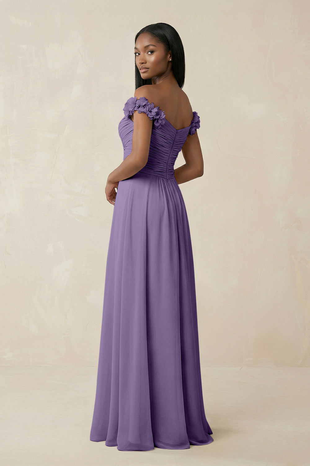 Pleated Off-the-Shoulder A-Line Chiffon Bridesmaid Dress in Tahiti