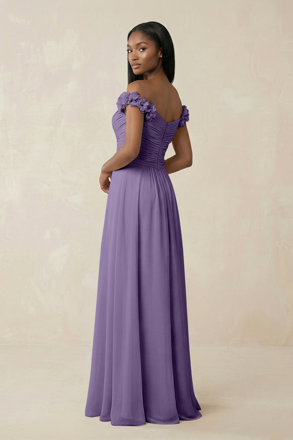 Pleated Off-the-Shoulder A-Line Chiffon Bridesmaid Dress in Tahiti (2) | KISSBRIDAL