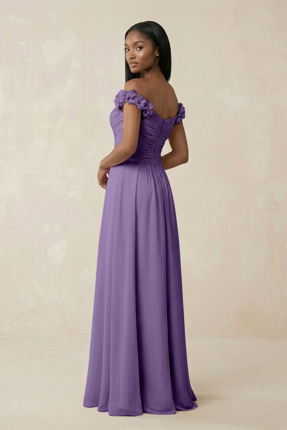 Pleated Off - the - Shoulder A - Line Chiffon Bridesmaid Dress in Tahiti - KISS BRIDAL Bridesmaid Dresses