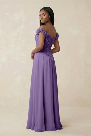 Pleated Off - the - Shoulder A - Line Chiffon Bridesmaid Dress in Tahiti - SHE IS ME Bridesmaid Dresses