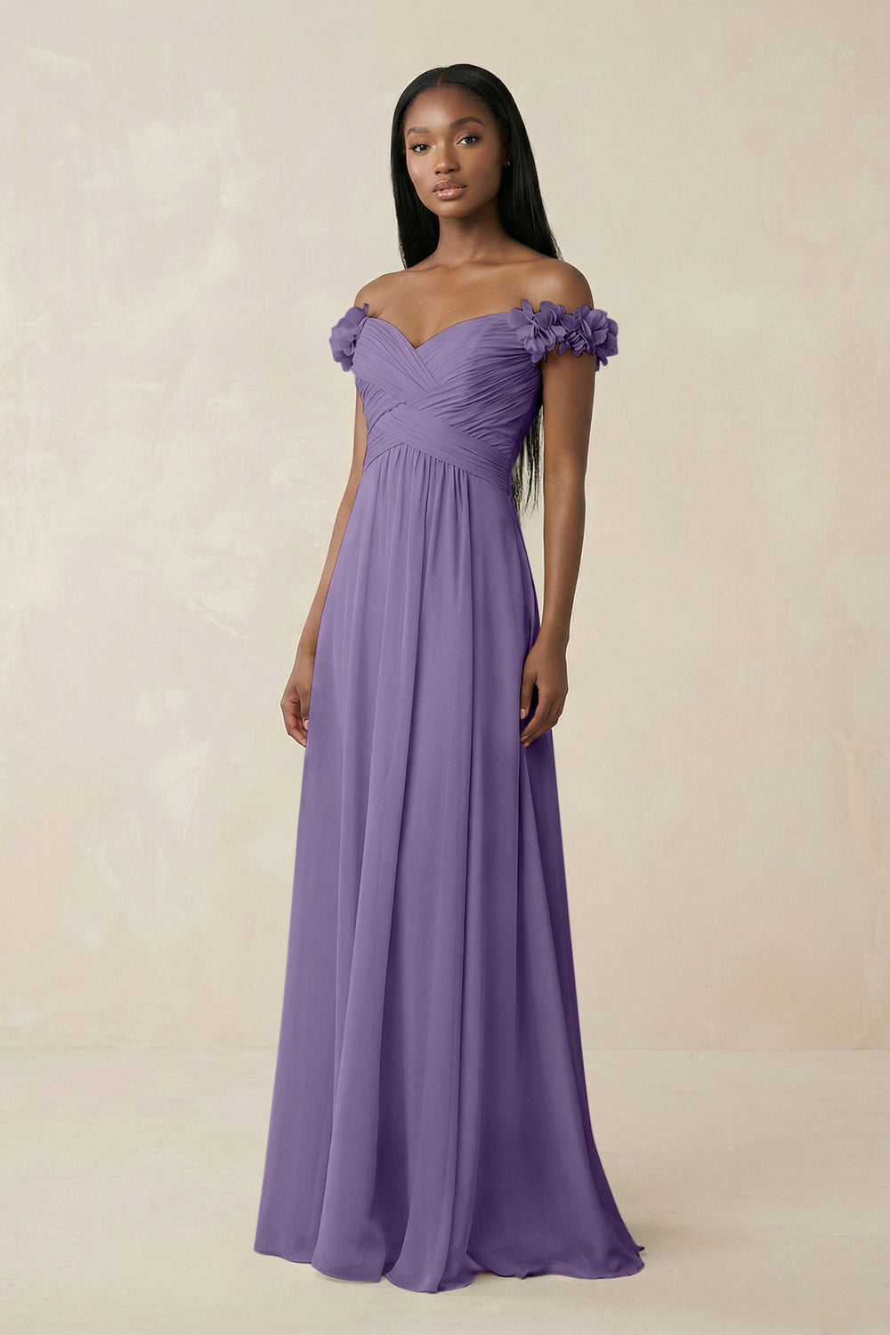 Pleated Off-the-Shoulder A-Line Chiffon Bridesmaid Dress in Tahiti
