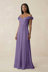 Pleated Off-the-Shoulder A-Line Chiffon Bridesmaid Dress in Tahiti | KISSBRIDAL