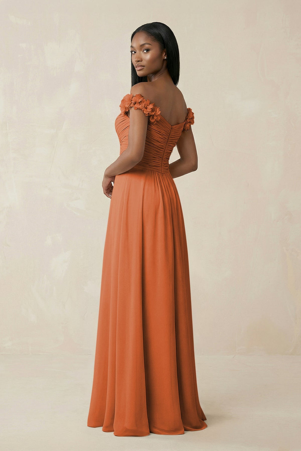 Pleated Off - the - Shoulder A - Line Chiffon Bridesmaid Dress in Terracotta - SHE IS ME Bridesmaid Dresses