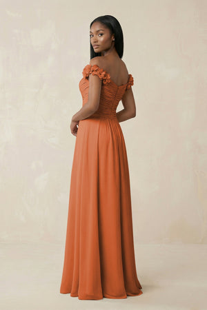 Pleated Off - the - Shoulder A - Line Chiffon Bridesmaid Dress in Terracotta - SHE IS ME Bridesmaid Dresses
