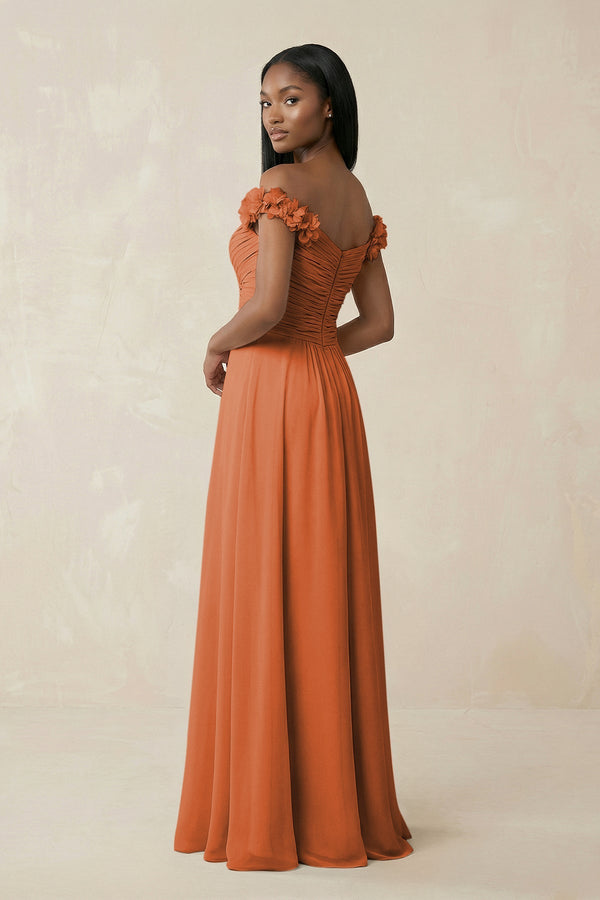 Pleated Off - the - Shoulder A - Line Chiffon Bridesmaid Dress in Terracotta - SHE IS ME Bridesmaid Dresses