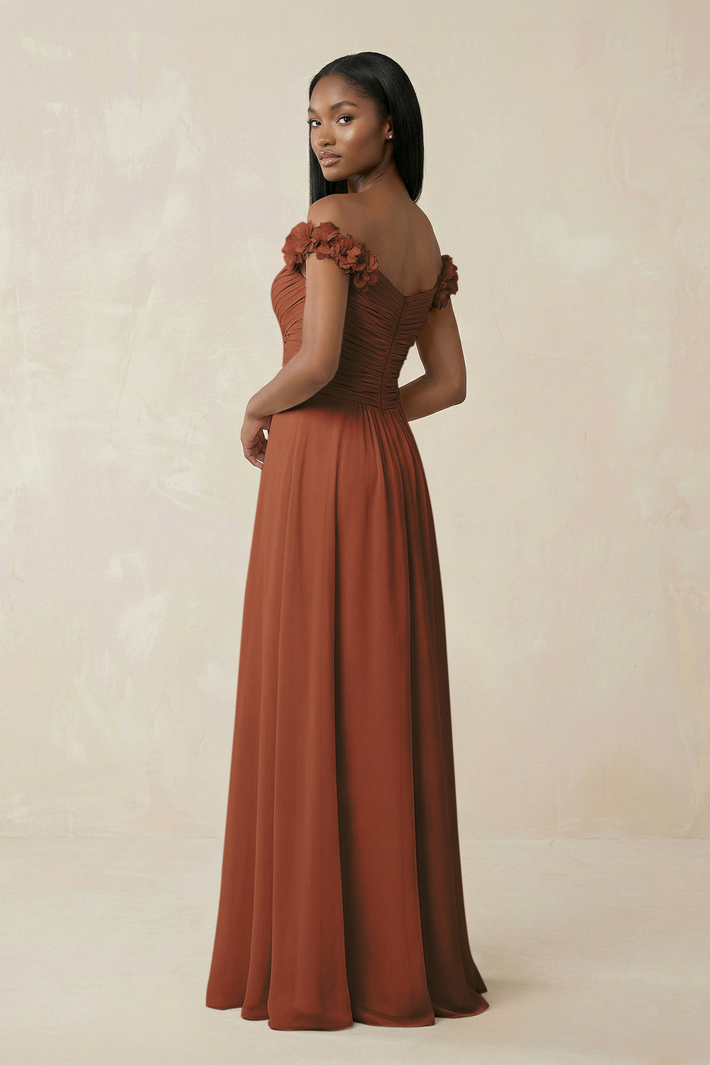 Pleated Off-the-Shoulder A-Line Chiffon Bridesmaid Dress in Terracotta