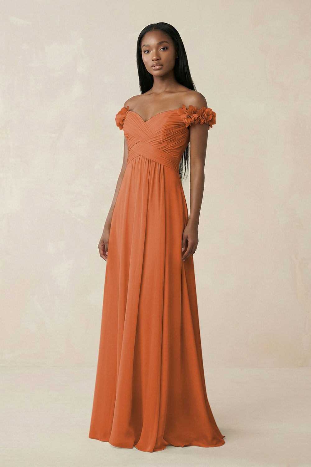Pleated Off - the - Shoulder A - Line Chiffon Bridesmaid Dress in Terracotta - SHE IS ME Bridesmaid Dresses