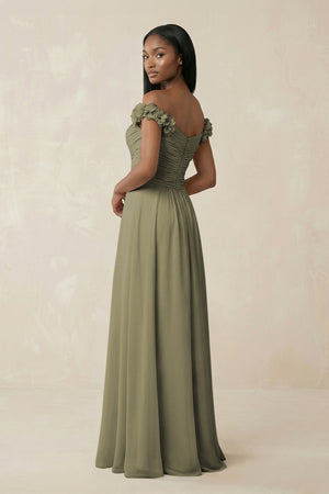 Pleated Off-the-Shoulder A-Line Chiffon Bridesmaid Dress in Thyme (2) | KISSBRIDAL