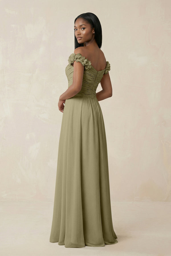 Pleated Off - the - Shoulder A - Line Chiffon Bridesmaid Dress in Thyme - SHE IS ME Bridesmaid Dresses