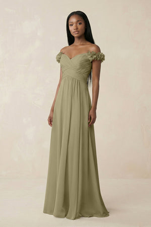 Pleated Off - the - Shoulder A - Line Chiffon Bridesmaid Dress in Thyme - SHE IS ME Bridesmaid Dresses