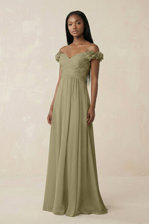 Pleated Off - the - Shoulder A - Line Chiffon Bridesmaid Dress in Thyme - SHE IS ME Bridesmaid Dresses
