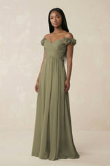 Pleated Off-the-Shoulder A-Line Chiffon Bridesmaid Dress in Thyme | KISSBRIDAL