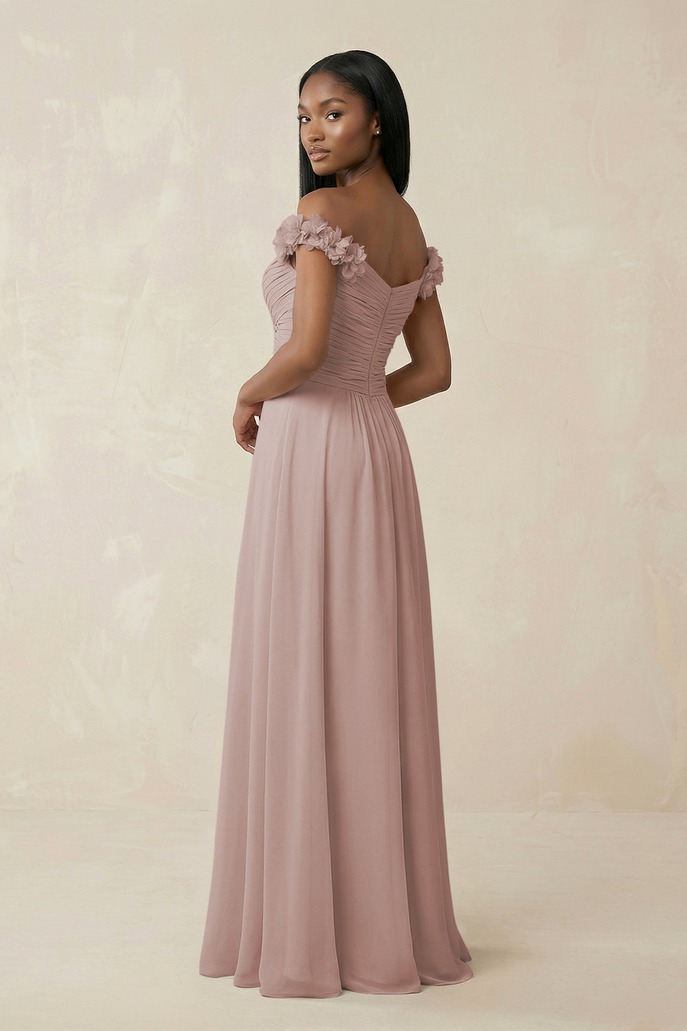 Pleated Off-the-Shoulder A-Line Chiffon Bridesmaid Dress in Toffee