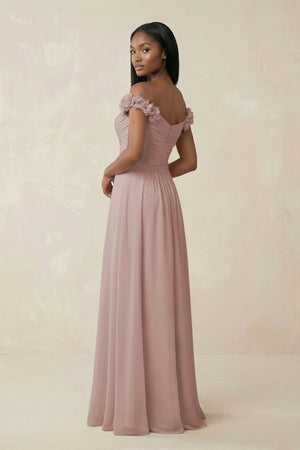 Pleated Off-the-Shoulder A-Line Chiffon Bridesmaid Dress in Toffee (2) | KISSBRIDAL