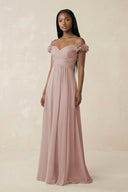 Pleated Off - the - Shoulder A - Line Chiffon Bridesmaid Dress in Toffee - SHE IS ME Bridesmaid Dresses
