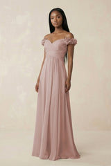 Pleated Off - the - Shoulder A - Line Chiffon Bridesmaid Dress in Toffee - KISS BRIDAL Bridesmaid Dresses