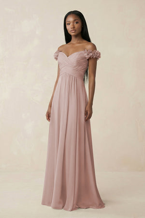 Pleated Off - the - Shoulder A - Line Chiffon Bridesmaid Dress in Toffee - SHE IS ME Bridesmaid Dresses