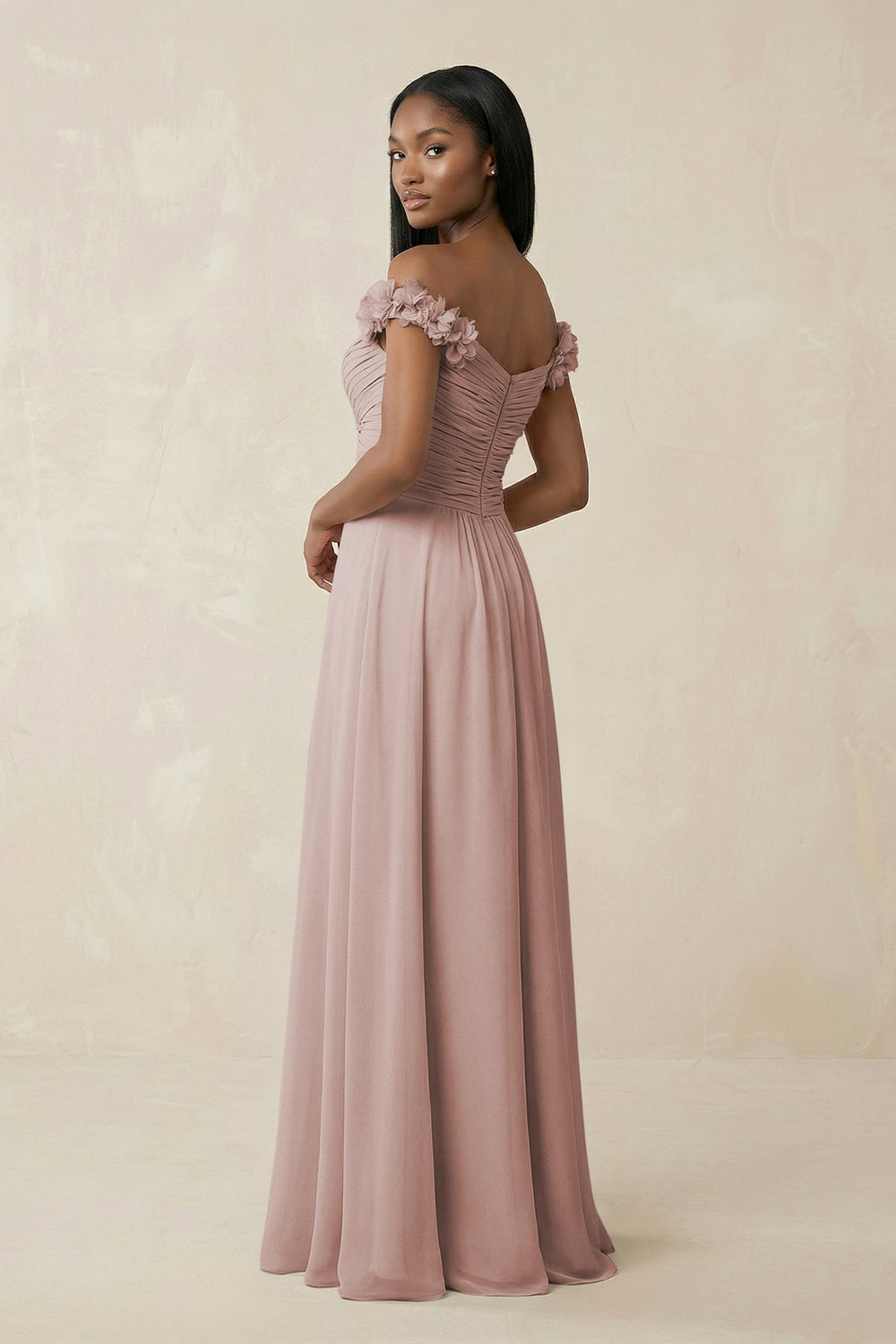 Pleated Off - the - Shoulder A - Line Chiffon Bridesmaid Dress in Toffee - KISS BRIDAL Bridesmaid Dresses