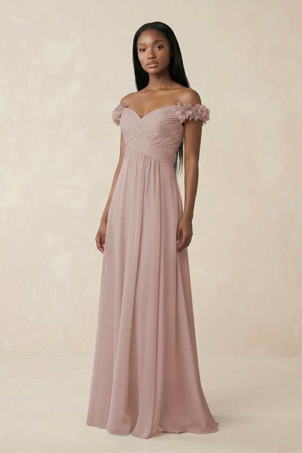 Pleated Off-the-Shoulder A-Line Chiffon Bridesmaid Dress in Toffee