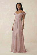 Pleated Off-the-Shoulder A-Line Chiffon Bridesmaid Dress in Toffee | KISSBRIDAL