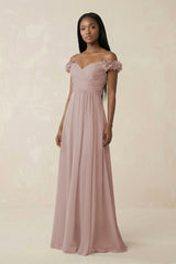 Pleated Off-the-Shoulder A-Line Chiffon Bridesmaid Dress in Toffee | KISSBRIDAL