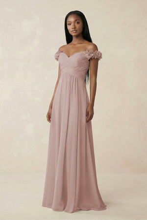 Pleated Off-the-Shoulder A-Line Chiffon Bridesmaid Dress in Toffee | KISSBRIDAL
