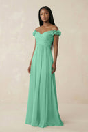 Pleated Off - the - Shoulder A - Line Chiffon Bridesmaid Dress in Turquoise - SHE IS ME Bridesmaid Dresses