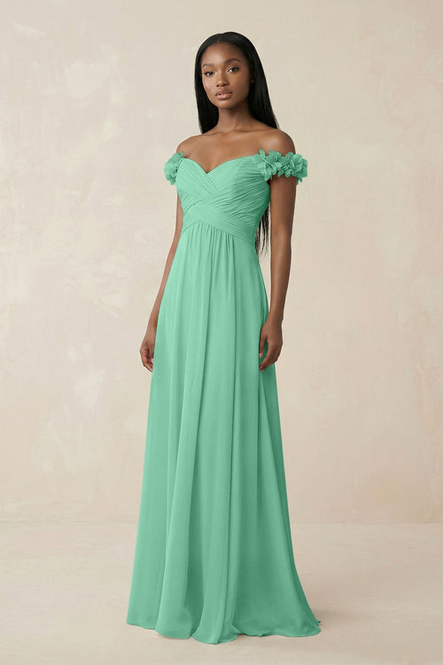 Pleated Off - the - Shoulder A - Line Chiffon Bridesmaid Dress in Turquoise - SHE IS ME Bridesmaid Dresses
