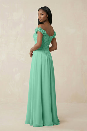 Pleated Off - the - Shoulder A - Line Chiffon Bridesmaid Dress in Turquoise - SHE IS ME Bridesmaid Dresses