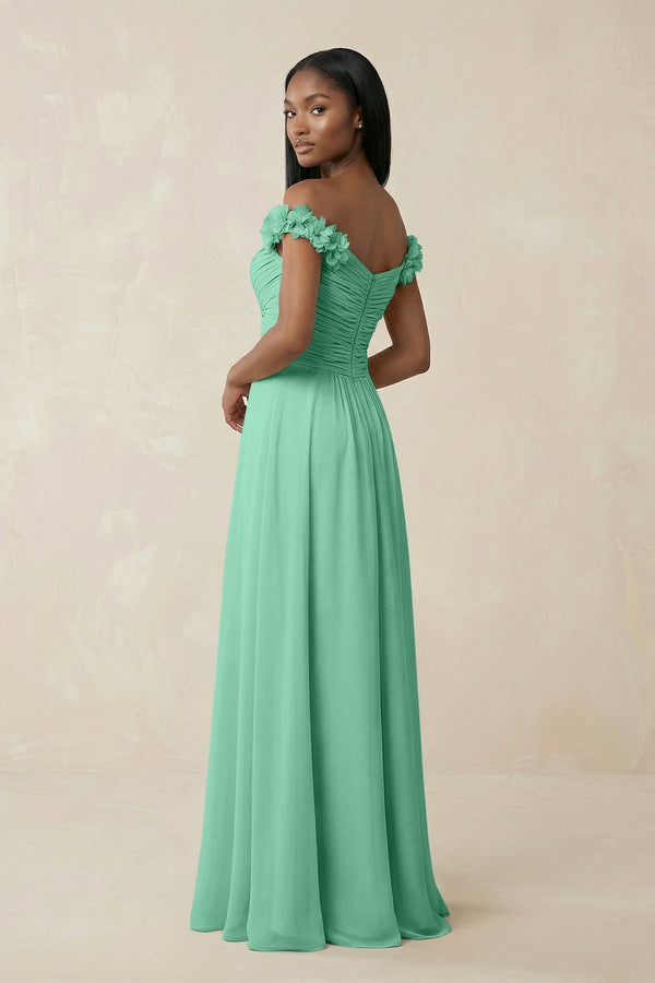 Pleated Off - the - Shoulder A - Line Chiffon Bridesmaid Dress in Turquoise - SHE IS ME Bridesmaid Dresses