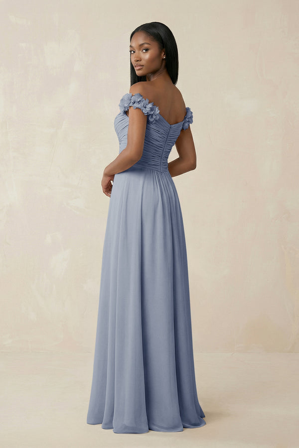 Pleated Off - the - Shoulder A - Line Chiffon Bridesmaid Dress in Twilight - SHE IS ME Bridesmaid Dresses