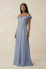 Pleated Off - the - Shoulder A - Line Chiffon Bridesmaid Dress in Twilight - KISS BRIDAL Bridesmaid Dresses