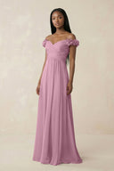 Pleated Off - the - Shoulder A - Line Chiffon Bridesmaid Dress in Vintage Mauve - SHE IS ME Bridesmaid Dresses