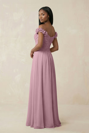 Pleated Off-the-Shoulder A-Line Chiffon Bridesmaid Dress in Vintage Mauve (2) | KISSBRIDAL