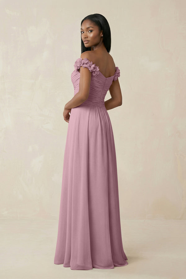 Pleated Off-the-Shoulder A-Line Chiffon Bridesmaid Dress in Vintage Mauve (2) | KISSBRIDAL