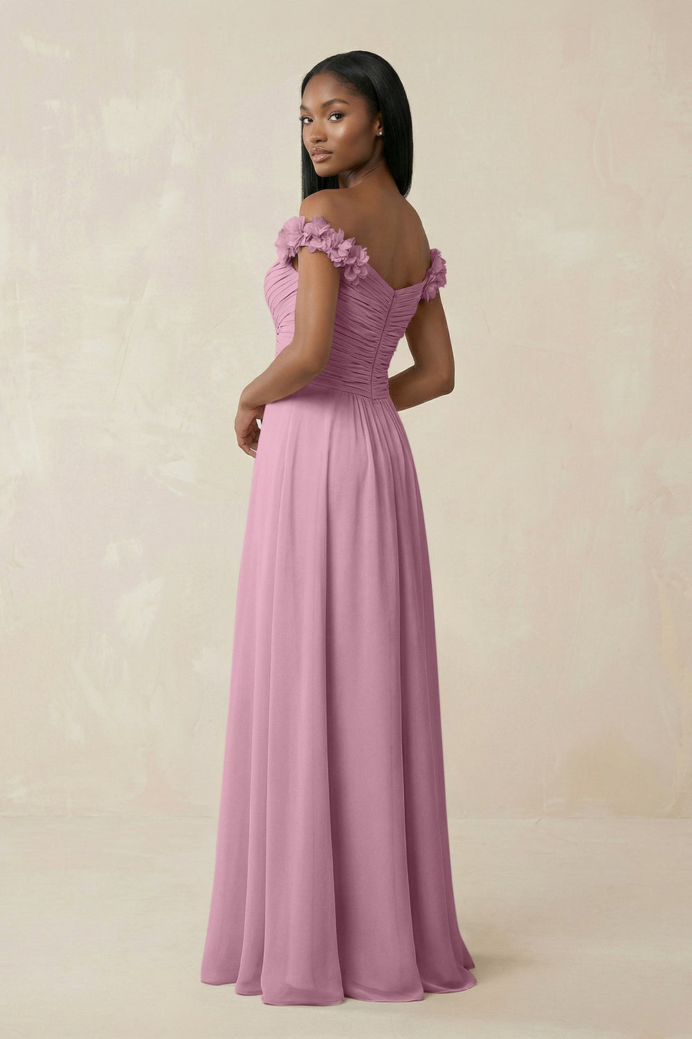 Pleated Off - the - Shoulder A - Line Chiffon Bridesmaid Dress in Vintage Mauve - SHE IS ME Bridesmaid Dresses