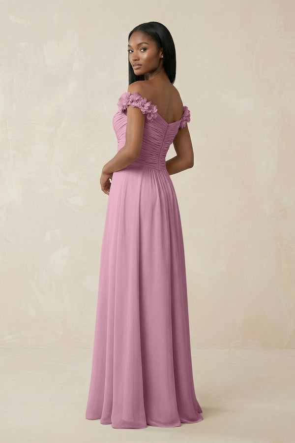 Pleated Off - the - Shoulder A - Line Chiffon Bridesmaid Dress in Vintage Mauve - SHE IS ME Bridesmaid Dresses