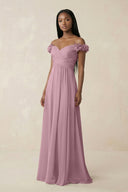 Pleated Off-the-Shoulder A-Line Chiffon Bridesmaid Dress in Vintage Mauve | KISSBRIDAL