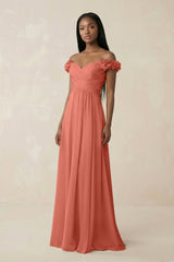 Pleated Off - the - Shoulder A - Line Chiffon Bridesmaid Dress in Wild Rose - KISS BRIDAL Bridesmaid Dresses