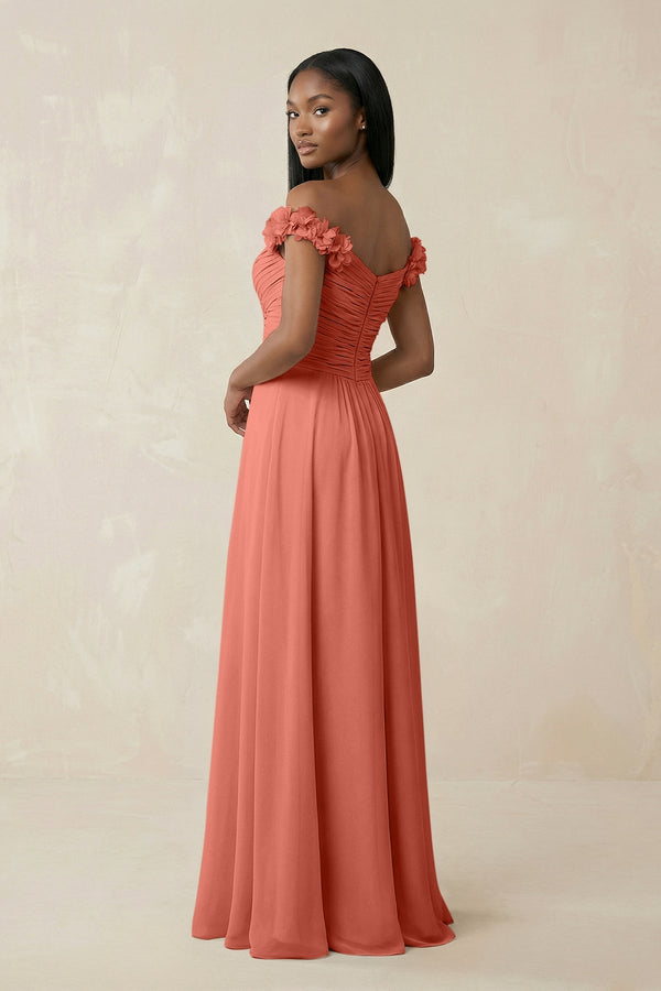 Pleated Off - the - Shoulder A - Line Chiffon Bridesmaid Dress in Wild Rose - SHE IS ME Bridesmaid Dresses