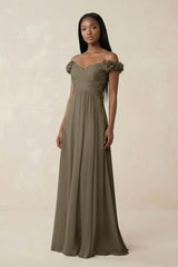 Pleated Off - the - Shoulder A - Line Chiffon Bridesmaid Dress in Willow Green - KISS BRIDAL Bridesmaid Dresses