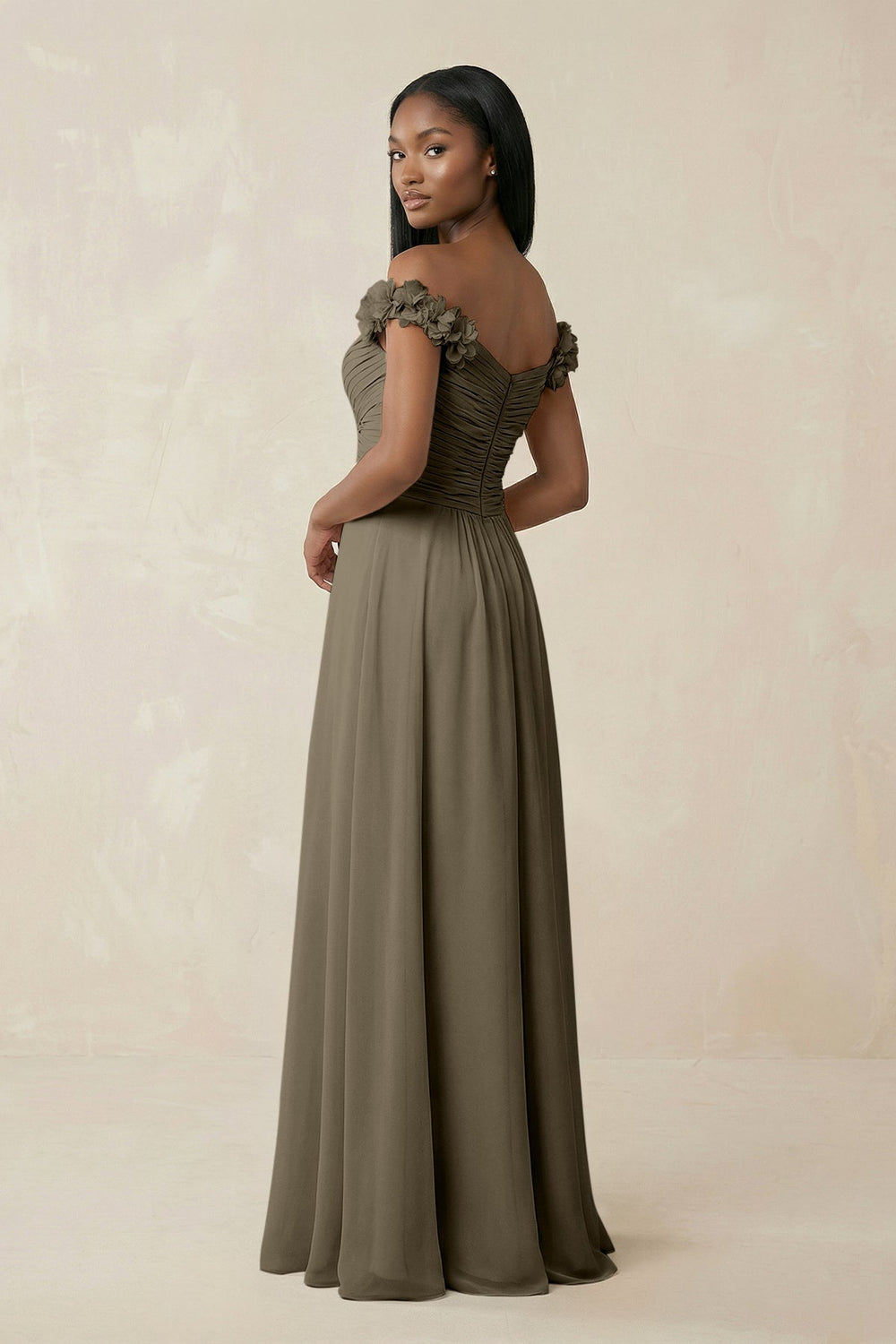 Pleated Off - the - Shoulder A - Line Chiffon Bridesmaid Dress in Willow Green - SHE IS ME Bridesmaid Dresses