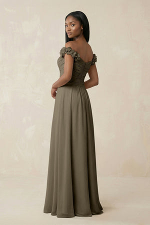 Pleated Off - the - Shoulder A - Line Chiffon Bridesmaid Dress in Willow Green - SHE IS ME Bridesmaid Dresses