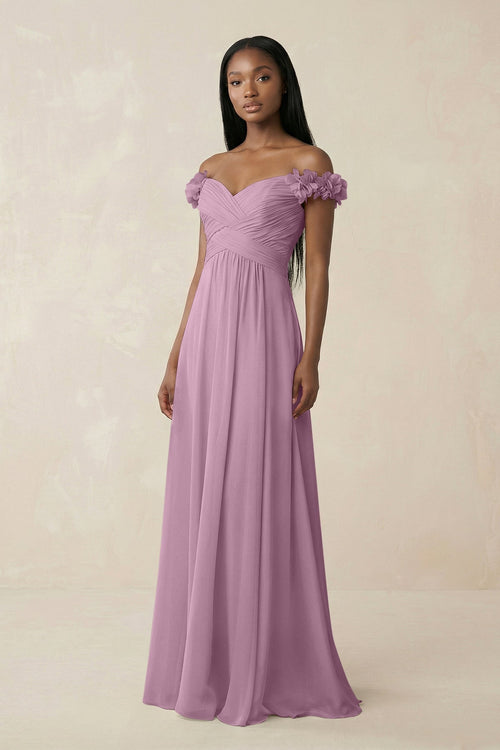 Pleated Off - the - Shoulder A - Line Chiffon Bridesmaid Dress in Wisteria - SHE IS ME Bridesmaid Dresses