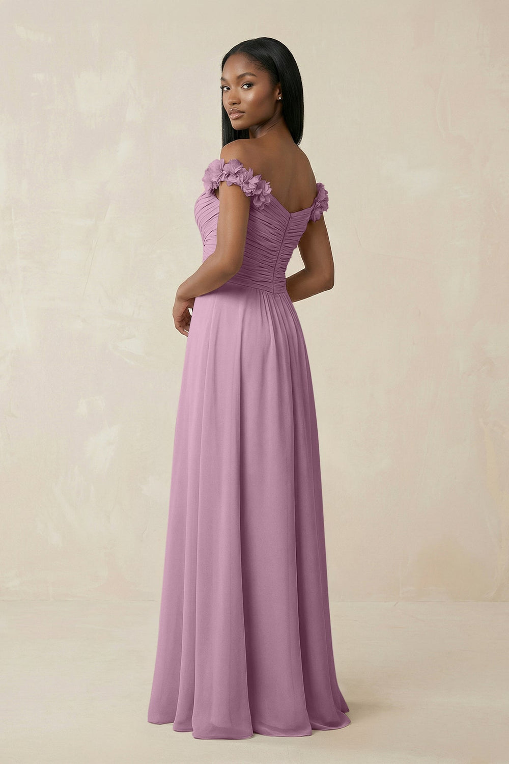 Pleated Off - the - Shoulder A - Line Chiffon Bridesmaid Dress in Wisteria - KISS BRIDAL Bridesmaid Dresses