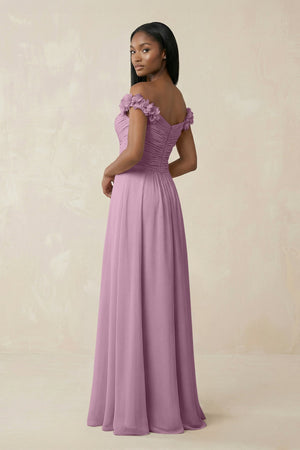 Pleated Off - the - Shoulder A - Line Chiffon Bridesmaid Dress in Wisteria - SHE IS ME Bridesmaid Dresses